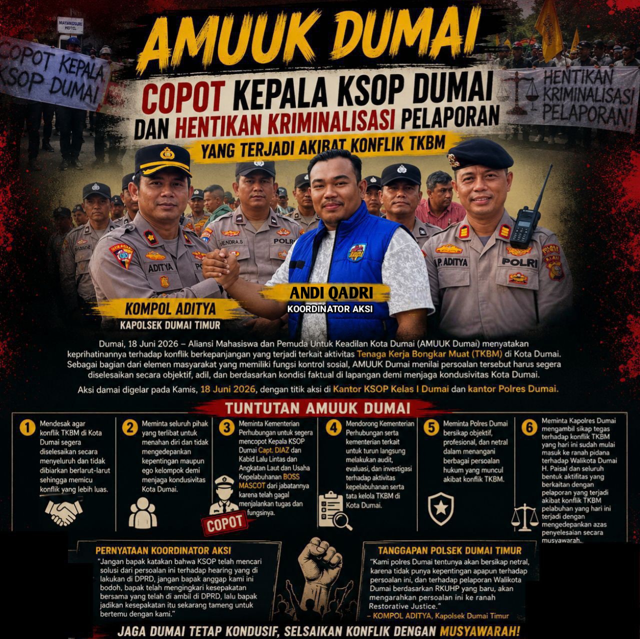 fmmnews.com | AMUUK DUMAI : Copot Kepala KSOP Dumai dan hentikan Kriminalisasi pelaporan yang terjadi akibat Konflik TKBM.