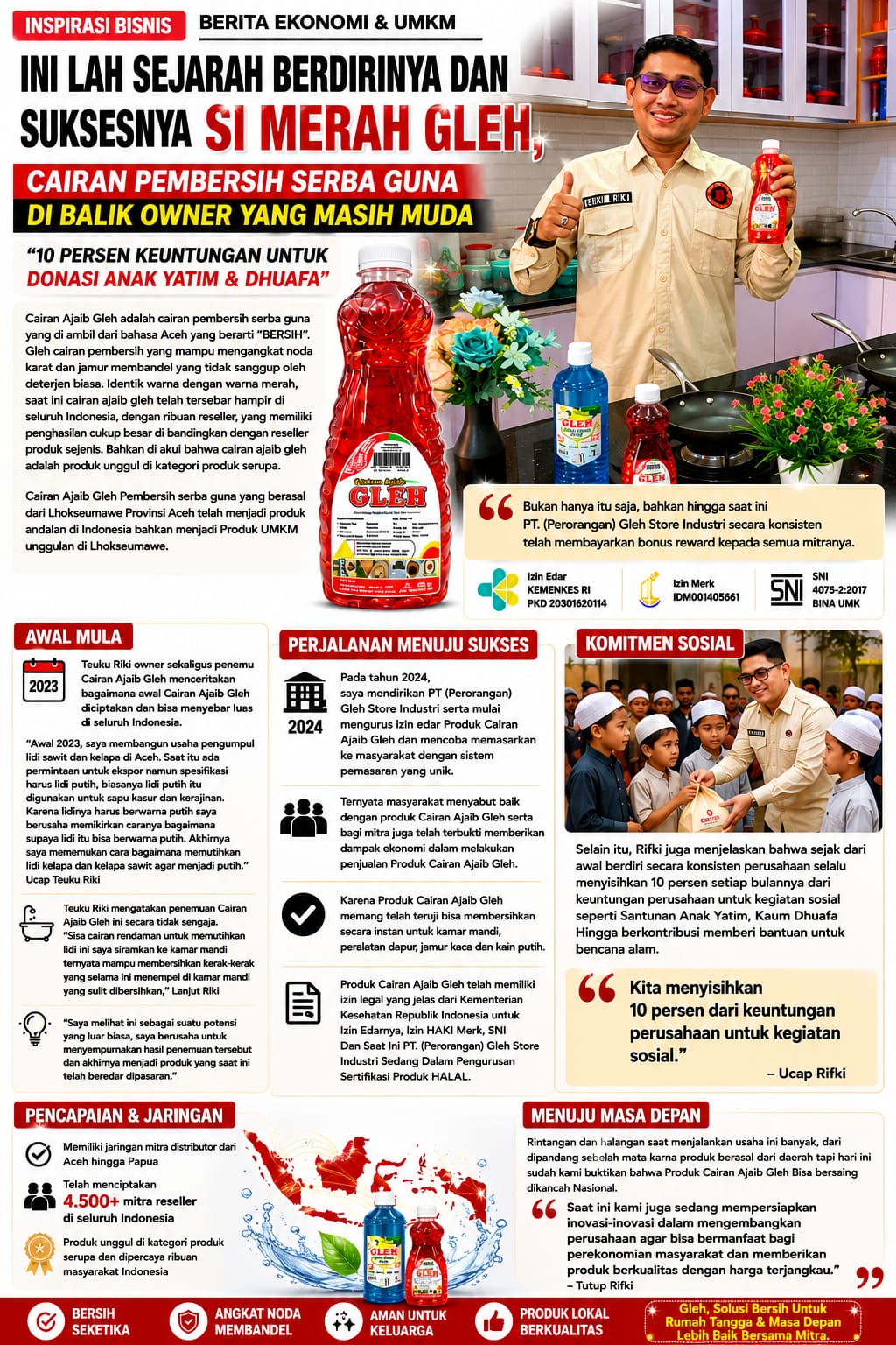 fmmnews.com | Ini Lah Sejarah Berdirinya Dan Sukses Nya Si Merah Gleh, Cairan Pembersih Serba Guna Di Balik Owner Yang Masih Muda . “10 Persen Keuntungan Untuk Donasi Anak Yatim & Dhuafa