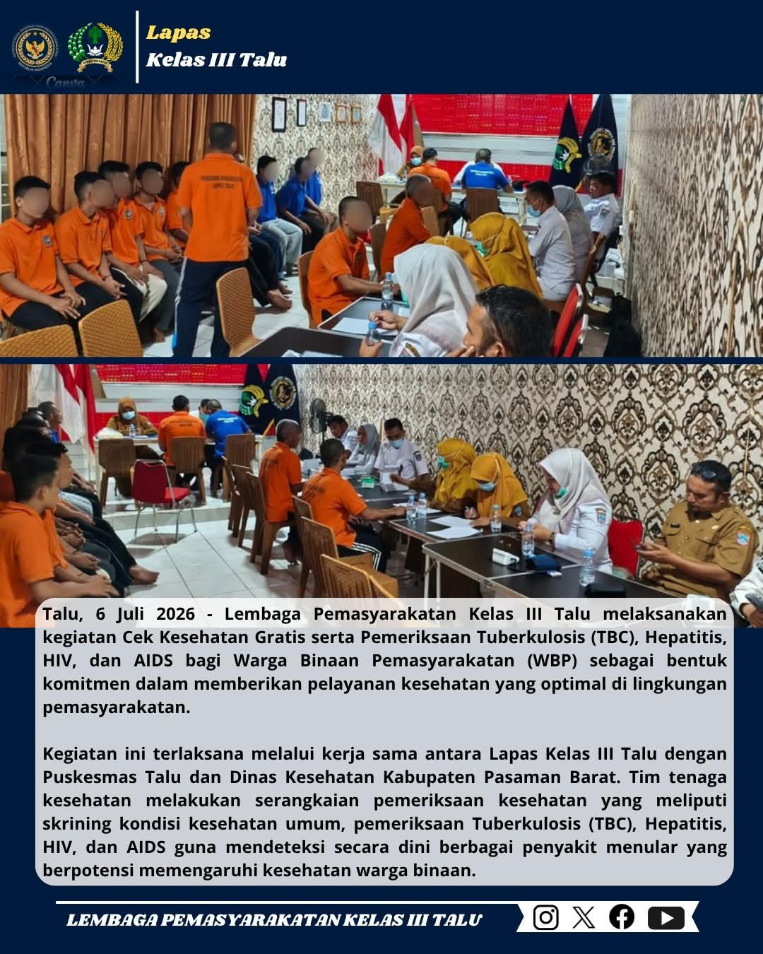 fmmnews.com | Lapas Kelas III Talu Gelar Cek Kesehatan Gratis, WBP Jalani Skrining TBC, Hepatitis, HIV, dan AIDS