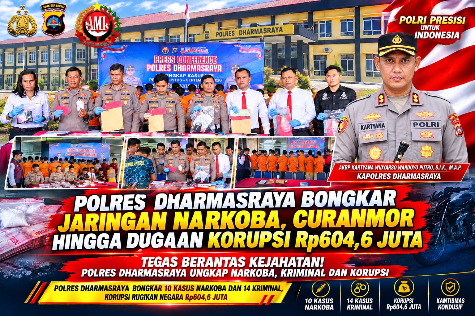 | Polres Dharmasraya Bongkar 10 Kasus Narkoba dan 14 Kriminal, Korupsi Rugikan Negara Rp604,6 Juta | Polres Dharmasraya Bongkar 10 Kasus Narkoba dan 14 Kriminal, Korupsi Rugikan Negara Rp604,6 Juta