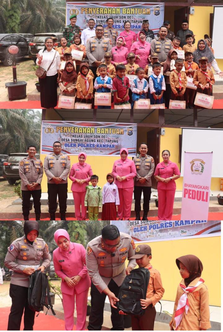 | Bantu Renovasi Kelas Jauh, Kapolres Kampar Bagikan Tas dan Seragam di SDN 007 Sungai Agung | Bantu Renovasi Kelas Jauh, Kapolres Kampar Bagikan Tas dan Seragam di SDN 007 Sungai Agung